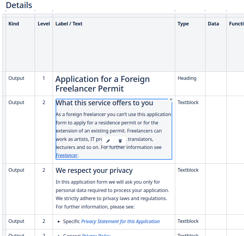 Specification of an introductory page for "Application for a Foreign Freelancer Permit" in tabular form containing text blocks as content components embedded via Excerpt Include macro.